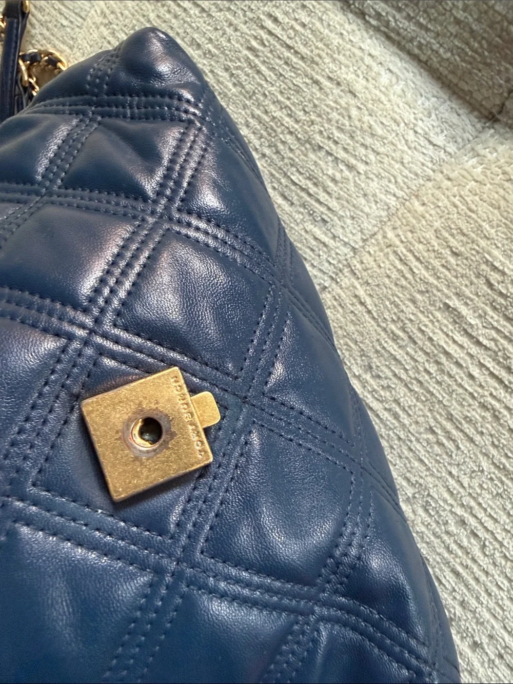 Tory Burch fleming soft convertible shoulder Bag Leather Quilted Chain Dark Blue